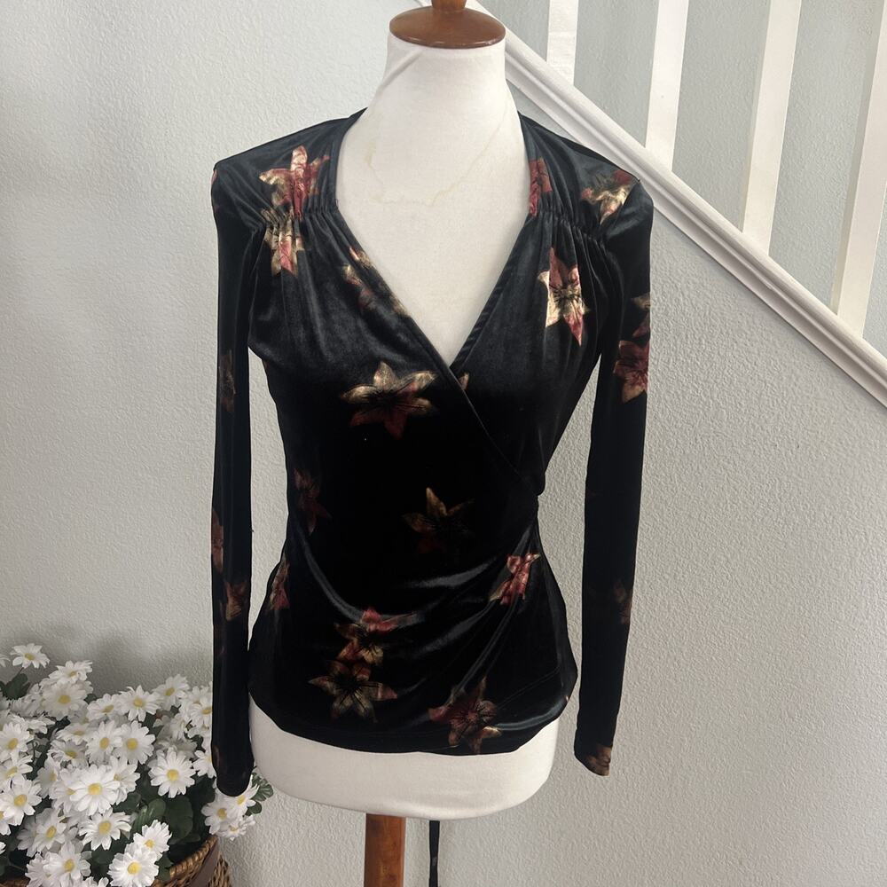 & Other‎ Stories Womens Black Velvet Leaf Burnout Wrap Top Sz 2 90s Grunge Fairy